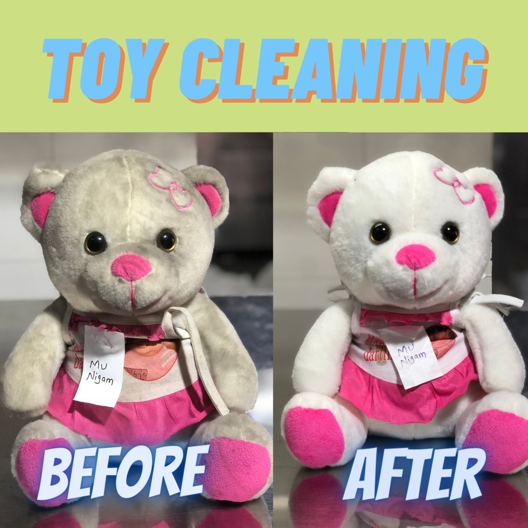 This is an unfiltered before and after image of care4wear's toy cleaning service. It shows the actual toy cleaning service provided by Care4wear.