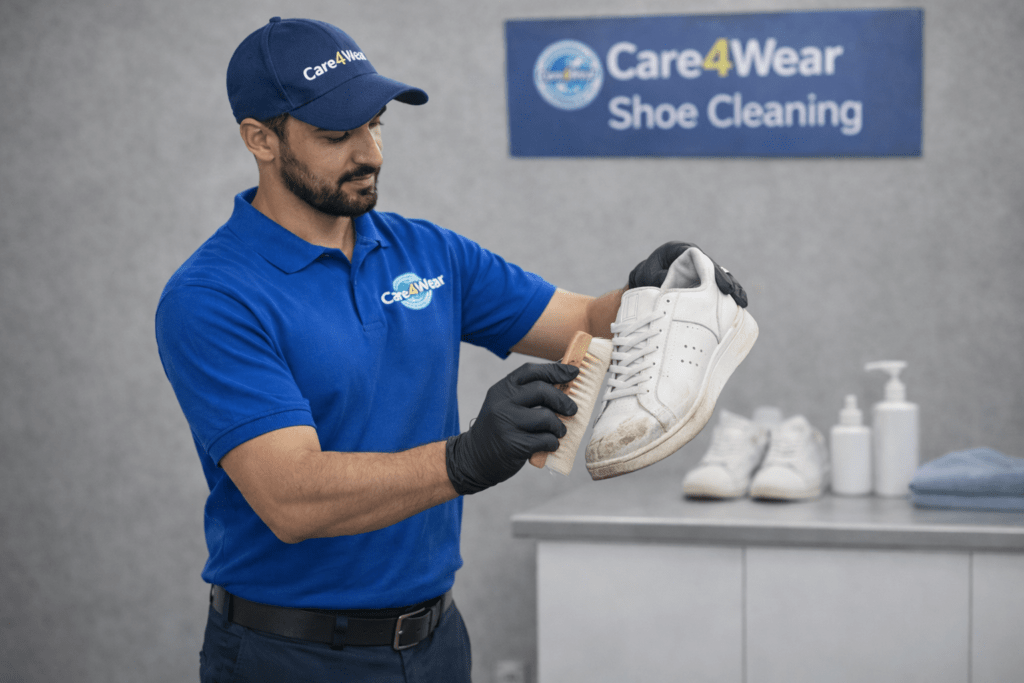 this picture shows care4wear staff in uniform cleaning shoes at care4wear premises.
